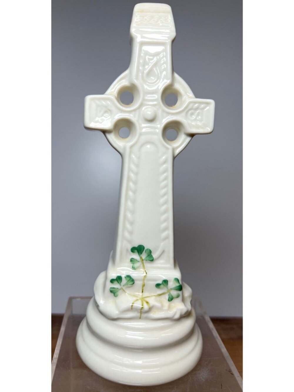 Belleek Ireland Shamrock Ceramic Celtic Cross Figurine 7.5" Tall Hand-Painted De